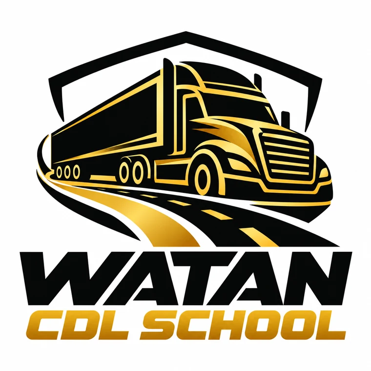 Watan CDL School logo: a black and gold semi truck on a highway inside a shield
